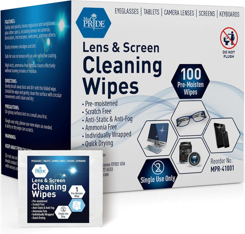MED PRIDE Premoistened Lens Wipes | Anti-Static, Anti-Fog, Quick-Dry & Scratch-Free| 100 Cleaning Cloths for LED Touch Screen, iPhones, iPads, Com...