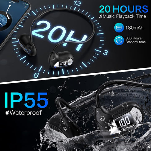 Open Ear Headphones Wireless Bluetooth,Air Conduction Earbuds Bluetooth 5.3 For Sports,20h Playtime Touch Control Headset For Running,Cycling,Hiki...