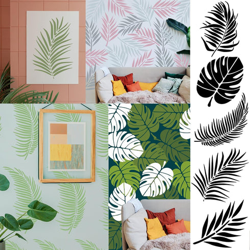 5 Pieces 12 x 16 Inch Large Leaf Stencils for Painting on Walls, Reusable Palm Leaf Stencils, Tropical Jungle Leaf Stencils Fern Leaf Stencils for...