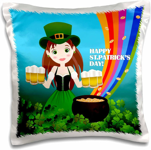3dRose pc_180266_1 Girl with Beer Celebrating Saint Patrick Day Near Pot of Gold - Pillow Case, 16 by 16"...