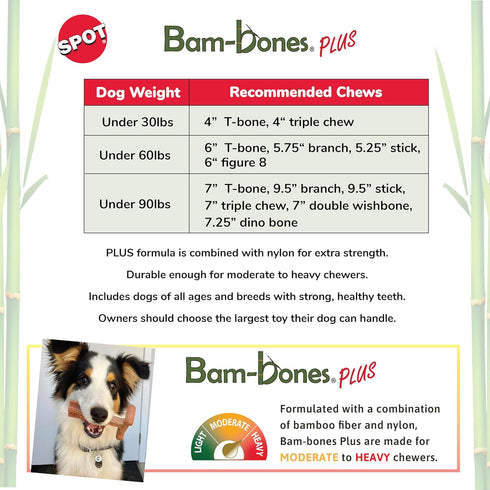 SPOT Bam-bones PLUS T Bone - Bamboo Fiber & Nylon, Durable Long Lasting Dog Chew for Aggressive Chewers – Toy for Dogs & Puppies under 90lbs, Non-...