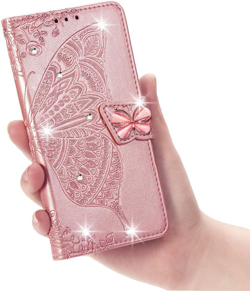 ZYZX Samsung Galaxy Note 20 Ultra Wallet Case, Rhinestone Rose Gold, Butterfly Flower Design, PU Leather, Flip Case with Card Slots, Magnetic Buck...