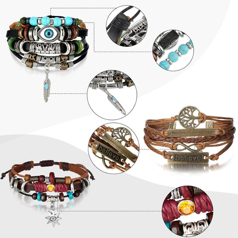 Hicarer 3 Pieces Multilayer Woven Leather Bracelets Western Bracelets Gifts for Women Beaded Bohemia Bracelet Evil Eye Boho Handmade Pu Bracelet W...