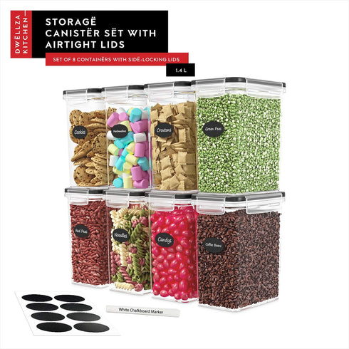DWËLLZA KITCHEN Airtight Food Storage Container Set - 8 Pieces 1.4L - Plastic BPA Free Kitchen Pantry Storage Containers - Dishwasher Safe - Inclu...