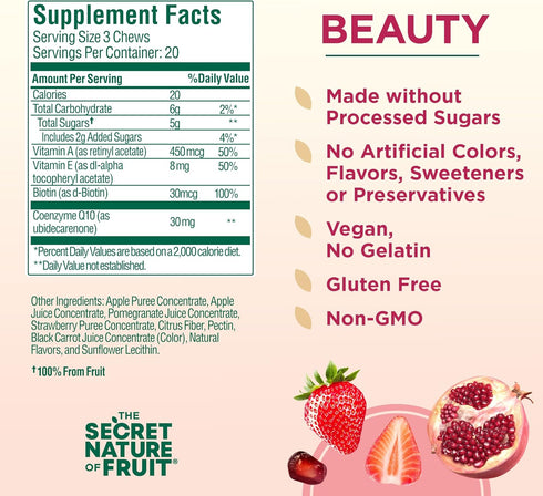 The Secret Nature of Fruit Beauty Chews, Real Fruit Powered Vitamin Chews with Vitamins A & E, Biotin, CoQ10, Strawberry & Pomegranate for Healthy...
