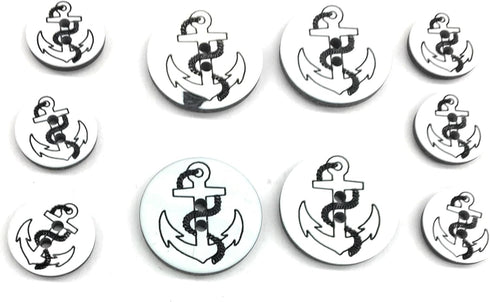 Nautical Anchor Button Set -Tailored 2 Hole- White/Black ~ for Suits, Sport Coat, Uniform, Jacket, Dresses 11 Pc....