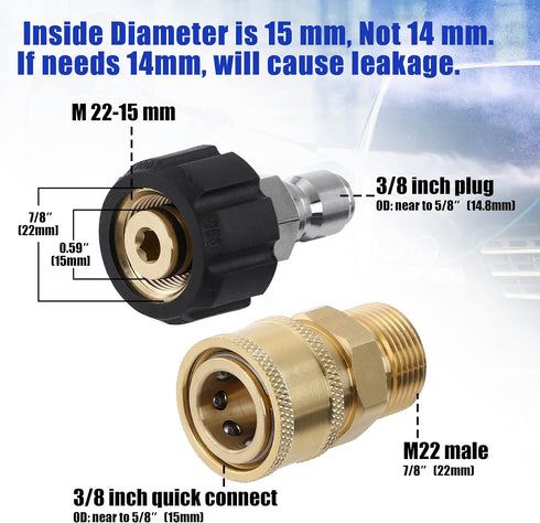 Tool Daily Pressure Washer Adapter Set, Quick Connect Kit, Metric M22 15mm Female to M22 Male Fitting, 5000 PSI, 4 Pcs...