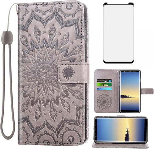 Phone Case for Samsung Galaxy Note 8 Wallet Cases with Tempered Glass Screen Protector Leather Slim Flip Cover Card Holder Stand Cell Accessories ...