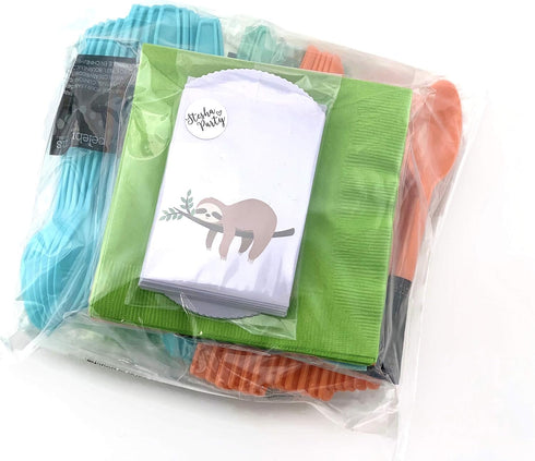 Sloth Birthday Party, Cutlery Bag Sets, Favor Bags, Green Paper Napkins, Gold Plastic Utensils, Tropical Birthday, Jungle Party Decorations (24 Co...