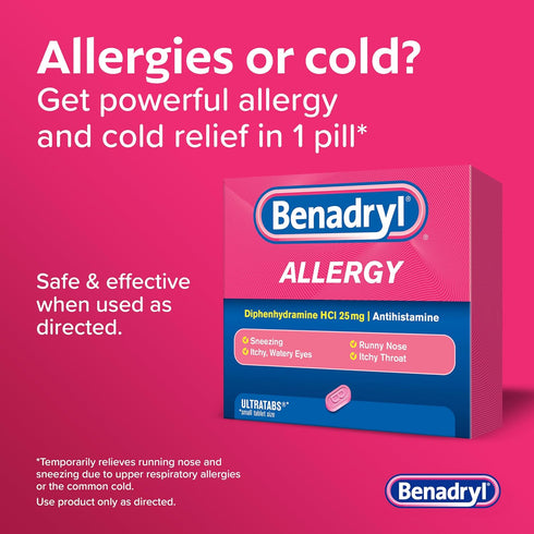 Benadryl Ultratabs Allergy Relief Medicine, 25 mg Diphenhydramine HCl Antihistamine Tablets For Relief of Cold & Allergy Symptoms Like Sneezing, R...