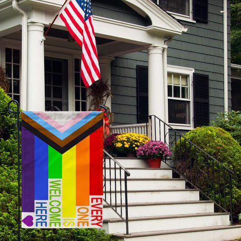 Pride Progress Garden Flag, Everyone is Welcome Here Small Yard LGBTQ Rainbow Garden Flag for Pride Month Outside Outdoor Hanging Decorations 12x1...
