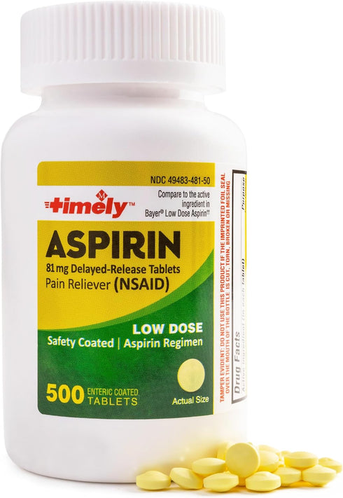 Timely - Low Dose Aspirin 81mg - 500 Tablets - Compared to the active ingredient in Bayer Low Dose - Enteric Coated Low Strength - Pain Reliever f...