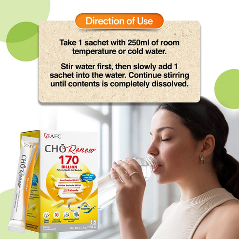 AFC Japan Cho Renew -170 Billions Patented Probiotics, 3X More Effective, with Silk Peptide & Fiber, for Clearer Skin, Stomach Acid Resistant, No ...
