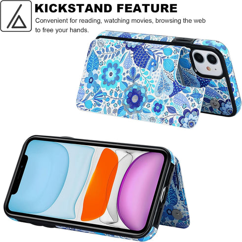 HAOPINSH for iPhone 11 Wallet Case with Card Holder, Blue Flower Bird Pattern Back Flip Case PU Leather Kickstand Card Slots Case for Women Girls,...