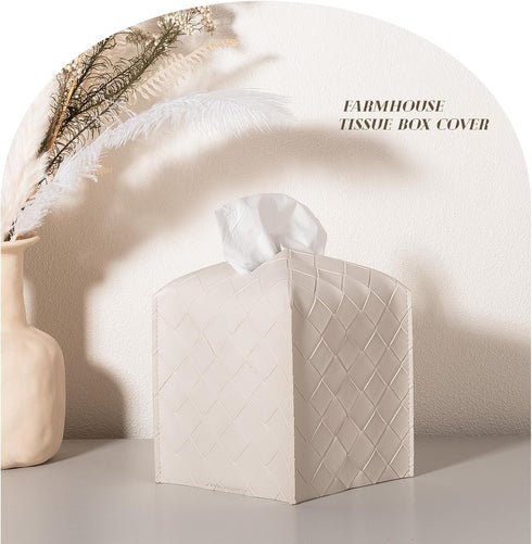 Tissue Box Cover PU Leather Tissue Holder Square Organizer Dispenser for Bathroom, Bedroom, Vanity Countertop, Office, Car, Griege...