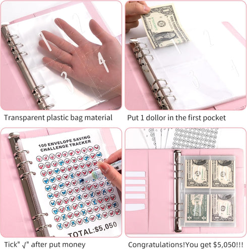 100 Day Money Saving Challenge Binder, Reusable Budget Book with Cash Filled Envelope Frosted Cover Money Binder Cash Savings Challenge Storage Bo...