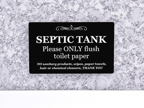 Septic Tank Sign ¦ Strong self adhesive ¦ Stylish Polite Notice engraved onto textured CARBON ASH (burnt wood) effect acrylic ¦ Plaque for Toilet,...