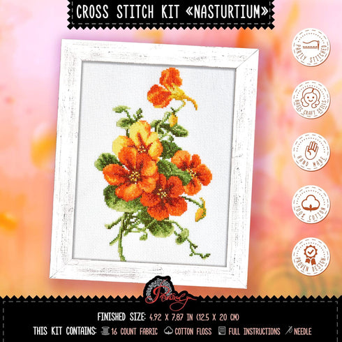 Povitrulya Summer Flowers Cross Stitch Kit 'Nasturtium' - Floral DIY Embroidery Set for Adults with Paper Pattern and Prestored Floss...