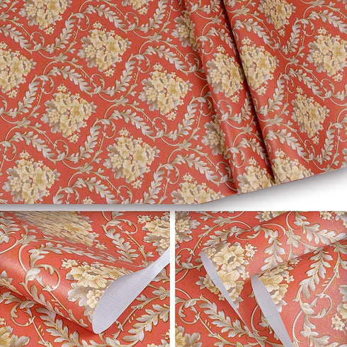 Y1232 Luxury Damask Peel and Stick Wallpaper 17.7" x 9.8ft Red Removable Contact Paper Self-Adhesive Damask Furniture Paper Drawer Shelf Liner Vin...