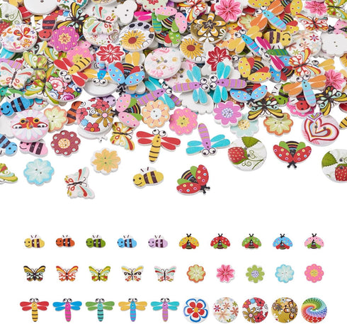 300Pcs Painted Wooden Buttons Insect Theme Poplar Wood Buttons Flower Dragon Fly Butterfly Bee Ladybugs Round Sewing Buttons with Floral Patterns ...