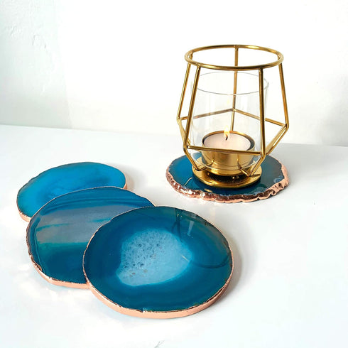 Moon&Decor Sliced Agate Coasters (Crystal) | Geode Coasters - Set of 4 - for Drinks Home Decoration and Gifts - 100% Natural with Golden Rims (Blu...