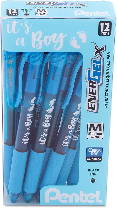Pentel EnerGel-X Retractable Gel Pen, (0.7mm) Med. line, Sky Blue Ink- It's a Boy! Dozen Box (BL107SPC12)...