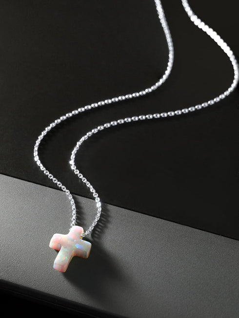 Gem Stone King Unisex 12MM Created Opal Cross Pendant Necklace | 925 Sterling Silver | With 18 Inch Silver Chain...