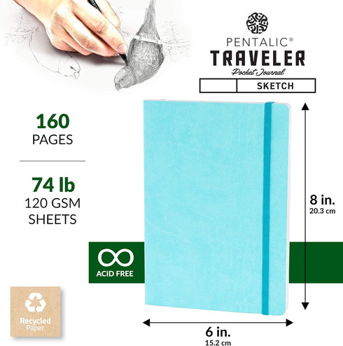 Pentalic 6" x 8" Pocket Sketchbook Traveler Journal, 160 Pages, Turquoise...