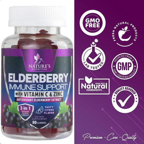 Immune Support Gummies - Powerful Sambucus Elderberry Gummies with Elderberry Extract, Zinc & Vitamin C Gummy, Max Potency Natural Vegan Immune Su...