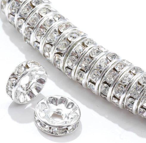 Guoxin 100Pcs Rondelle Spacer Beads Round Crystal Charms Czech Rhinestone Silver Plated Spacer Loose Beads for DIY Bracelet Necklace Jewelry Makin...
