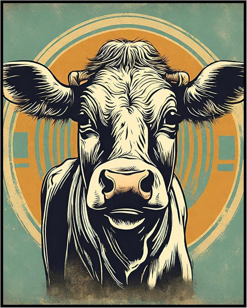 Posterizer 1 pcs-abstract retro cow poster-blue background-Art for Animal Lovers-GIft for Men Women Teens-Decor for Home & Office- unframed wall a...
