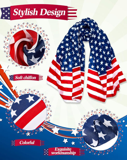 Tarpop 2 Pcs American Flag Patriotic Scarf Chiffon US Flag Scarf Long 4th of July Scarf Flag Shawl Independence Day(Bright Style)...