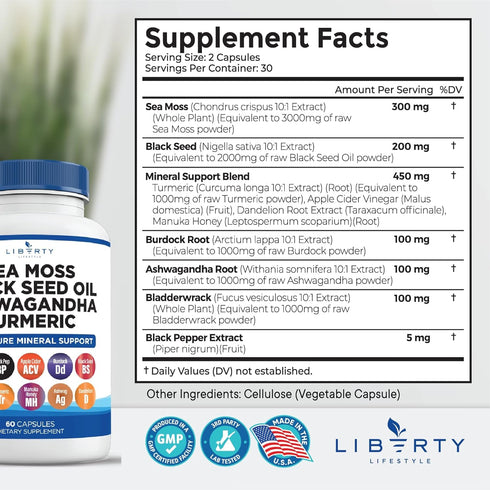 Sea Moss 3000mg Black Seed Oil 2000mg Ashwagandha1000mg Burdock 1000mg Root Mineral Support (120)...