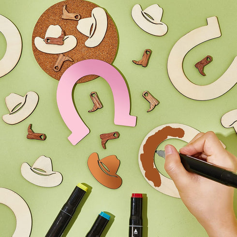 72 Pieces Unfinished Cowboy Wooden Cutouts Horseshoe Shape Wood Discs Slices Wood Cowboy Boot Hat Cutouts Wood Cowboy Theme Crafts for Western Cow...
