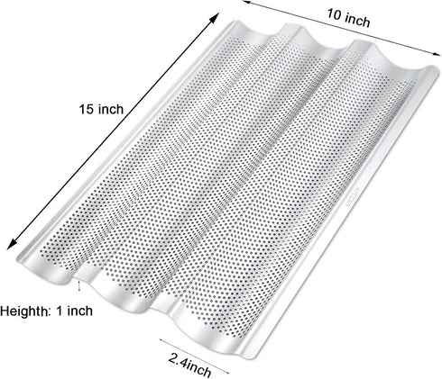 Stainless Steel French Baguette Bread Pan, Perforated Loaf Pans for Baking 15"x10", 3 Waves Toaster Oven Baking Tray (1 Pack)...