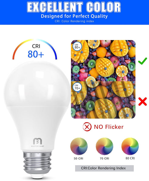 MASTERY MART A19 60-Watt Led Light Bulbs, 5000K Bright Daylight White, 800 Lumens, 6 Pack, E26, Non-Dimmable, CRI 80+ Energy Star, UL Listed, 9W [...