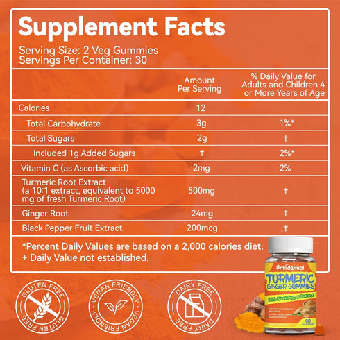 Turmeric Curcumin Gummies 500mg, with Turmeric Root Extract, Ginger Root, Black Pepper Extract, Antioxidant Support, Orange Flavor Gummies, 60 Cou...