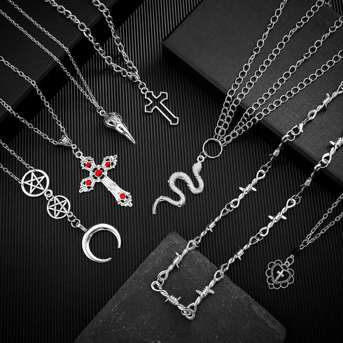 Janmercy 15 Pcs Gothic Grunge Necklace Set Goth Punk Rock Vintage Y2k Harajuku Silver Chain Choker Necklace Jewelry Costume Accessories for Women ...
