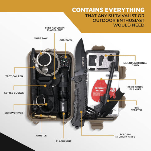 COLSEN 13 in 1 Survival Kit | Professional Outdoor Tactical Gadgets | Gear Tool Equipment Supplies | Essential Accessories for Hiking Camping Clim...