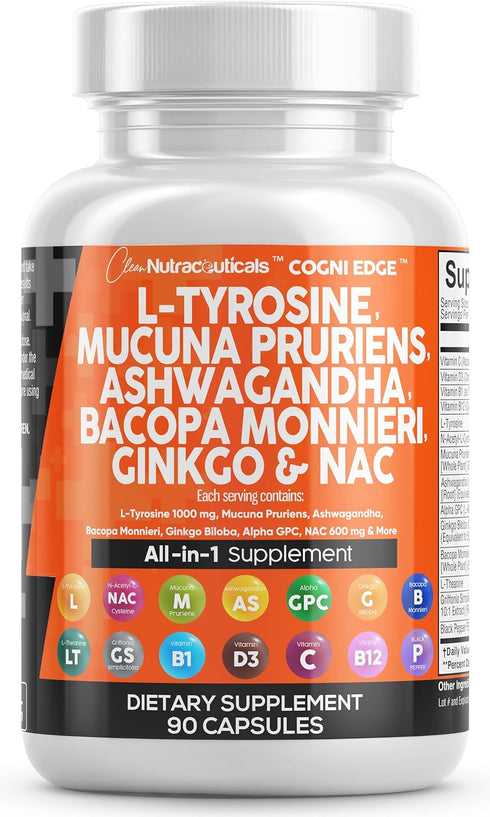 Clean Nutraceuticals L Tyrosine 1000mg Mucuna Pruriens 6000mg Bacopa Monnieri 500mg Ashwagandha 4000mg Focus Supplement w/N-Acetyl Cysteine 600mg ...