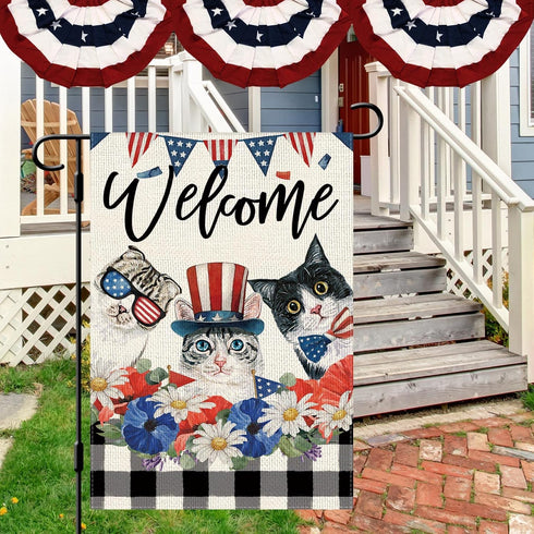 4th of July Patrioctic Cat Garden Flag 12x18 Inch Vertical Double Sided Welcome Floral Cat Memorial Day Independence Day Outside Yard Party Decora...