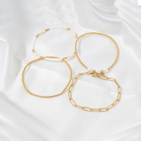 Dainty Gold Pearl Beaded Bracelets for Women 14K Real Gold Plated Bead Pearl Beads Bracelets Stackable Paperclip Link Stretch Bracelets Set Gold B...