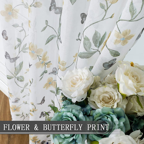 Tollpiz Short Sheer Floral Tier Curtains Yellow Flower Butterfly Printed Half Window Curtain Rod Pocket Kitchen Voile Faux Linen Curtains for Bath...