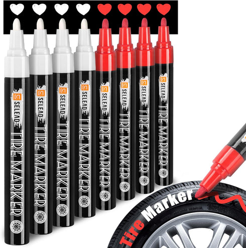 Tire Marker White Red - 8 Pack Paint Pens for Car Tires Lettering, Premium Professional Oil Based Ink, Waterproof Quick Drying Non-Fading Permanen...