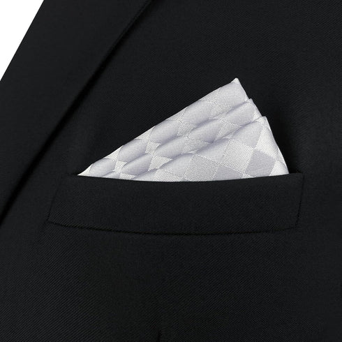 S&W SHLAX&WING Mens Pocket Square Satin Light Grey Silver Off White Checkered Rhomibic for Suit Jacket...