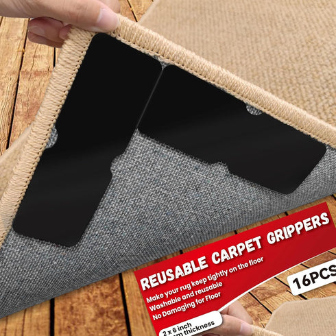 Rug Carpet Non Slip Grippers, Reusable and Washable Double Sided Carpet Tape Pads, Strong Adhesive Grippers for Area Rugs, Keep Corners Flat, No D...