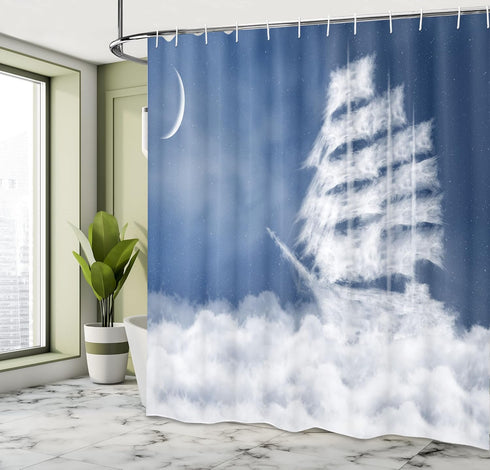Ambesonne Nautical Shower Curtain, Yacht in The Ocean Madend Shaped with Fluffy Cloudstmospheric Imaginary Sky, Cloth Fabric Bathroom Decor Set wi...