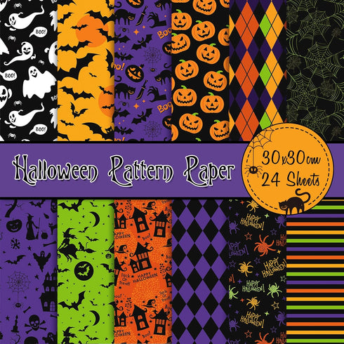 Whaline 24Pcs Halloween Pattern Paper 30x30cm Pumpkin Bat Spider Witch Ghost Scrapbook Paper Double-Sided Holiday Craft Paper Folded Flat for Card...