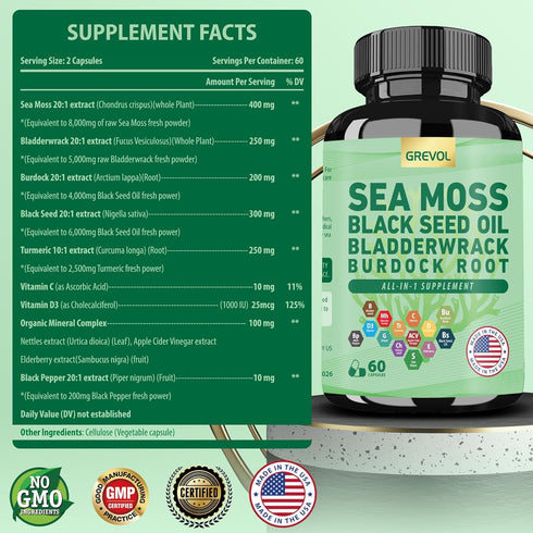 Organic Sea Moss Supplement, Sea Moss 8000mg Black Seed Oil 6000mg Bladderwrack 5000mg Burdock 4000mg Turmeric VC D3 Elderberry ACV Black Pepper C...