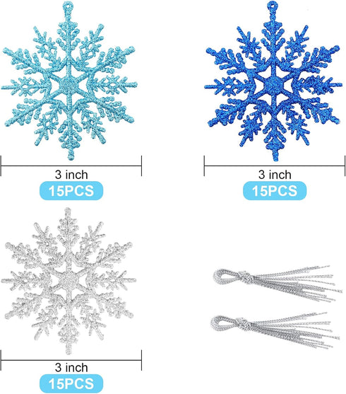 Whaline 45Pcs Winter Snowflake Hanging Ornament mas Glitter Blue Silver Pendant with String for Christmas Tree Winter Wonderland Holiday Party Dec...